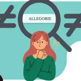 Ein grünes Monster erklärt "Metapher", während eine Frau über "Allegorie" nachdenkt. Symbole wie Kleeblatt und Unendlichkeit stehen für "Symbol".