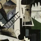 Ein avantgardistisches Porträt mit Fragmenten von Musikinstrumenten, einer Leiter und architektonischen Elementen.