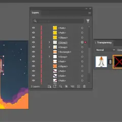 Illustrator: Rakete startet, Wolken steigen auf. Ein Masken-Symbol mit rotem Kreuz ist sichtbar, bereit, eine Maske zu erstellen.