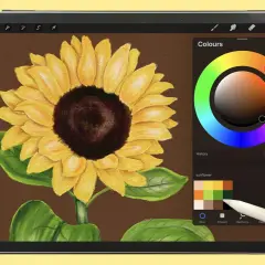Mit einem Stift auf dem iPad malen: Ein Sonnenblumenbild entsteht mit lebendigen Farben und Texturen.