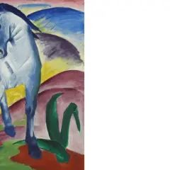 Ein blauer Hengst in expressionistischer Manier, gemalt von einem französischen Maler. Die Landschaft ist in kräftigen Farben gehalten.
