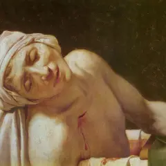 Der Tod des Marat: Ein Mann mit Kopftuch liegt leblos in einer Wanne, eine Wunde auf der Brust.