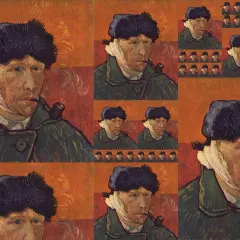 Collage aus Selbstporträts von Vincent van Gogh mit verbundenem Ohr und Pfeife.