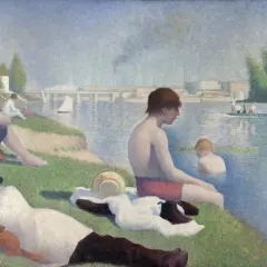 Badende Menschen am Flussufer, im Stil des Pointillismus gemalt.