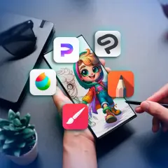 Digitale Kunst auf Android: Ein Smartphone zeigt Apps wie Procreate, Clip Studio Paint und mehr, bereit für kreative Ideen.