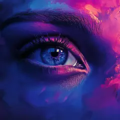 Ein blaues Auge, umgeben von lila und pinker Farbe, wie ein Kunstwerk aus dem Canva Magic Studio.