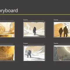 Ein Storyboard zeigt visuell eine Abfolge von Szenen, wie hier mit Astronauten in verschiedenen Umgebungen.