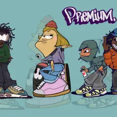 Vier stilisierte Cartoon-Figuren in urbaner Kleidung, darunter eine mit Dreadlocks und Schutzbrille, eine sitzend auf einer Sprühdose, und zwei weitere mit Kapuzenpullover und Handy.