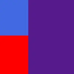 Abstrakte Komposition: Ein leuchtendes Rot und ein kräftiges Blau bilden zwei Quadrate nebeneinander. Daneben ein großes, dunkles Violett, das die Farben zu mischen scheint.