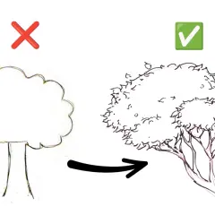 Vergleich zweier Baumzeichnungen: eine einfache und eine detaillierte, realistische Darstellung.