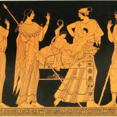 Szene aus der hellenistischen Kunst: Frauen und ein Mann um ein Kind auf einer Liege.