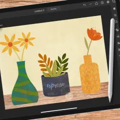 Adobe Illustrator auf dem iPad zeigt eine bunte Illustration von drei Vasen mit Blumen und Pflanzen.