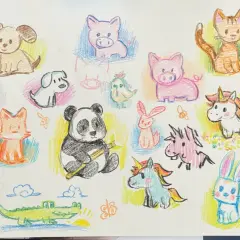 Buntstiftzeichnungen von niedlichen Tieren wie Panda, Fuchs, Einhorn, Hund, Katze, Schwein, Pinguin, Löwe, Hase, Krokodil und Vogel.