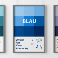 Drei gerahmte Bilder zeigen Farbverläufe in Blau- und Violetttönen. Das mittlere Bild ist mit "BLAU" beschriftet und symbolisiert Vertrauen und Wissen.