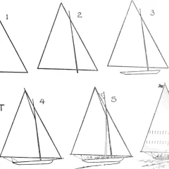 Schritt-für-Schritt-Anleitung zum Zeichnen eines Segelboots, von einfachen Dreiecken bis zu einem vollständigen Schiff.
