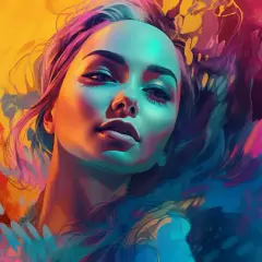 Ein Porträt einer Frau in leuchtenden Farben, das wie eine lebendige Animation wirkt. Ihr Gesicht ist von blauem und orangefarbenem Licht beleuchtet, umgeben von einem Wirbel aus Pink und Gelb.