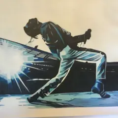 Gemälde von Freddie Mercury in dynamischer Pose mit Mikrofon, vor blauem Lichtschein.