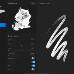 Procreate Pinsel-Einstellungen: Formquelle, Verhalten und Beispielstrich. Die Kosten für Procreate sind gering für diese kreativen Möglichkeiten.