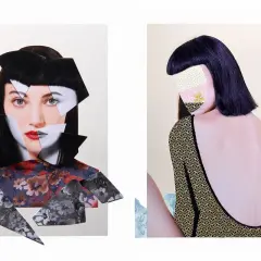 Zwei Gesichter in einer digitalen Collage: Ein zerstückeltes Porträt mit roten Lippen und ein Rückenansicht mit gemustertem Stoff.