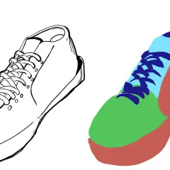 Skizze eines Sneakers neben einem farbigen, stilisierten Sneaker.
