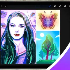 Bunte Illustrationen auf einem iPad mit Procreate: Porträt einer Frau, Schmetterling und Bäume.