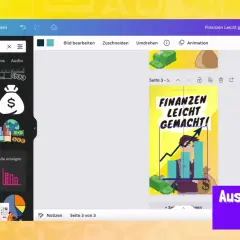 Canva-Design mit Finanz-Grafiken. Suche nach "geldanlage" für Inspiration, um "Finanzen leicht gemacht!" zu gestalten.
