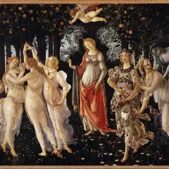 Botticelli's "Primavera" zeigt mythologische Figuren in einem blühenden Garten. Zephyrus jagt Chloris, die sich in Flora verwandelt.