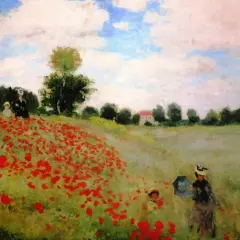 Ein Feld voller Mohnblumen, mit zwei Frauen und einem Kind, die durch die Wiese spazieren. Ein bekanntes Kunstwerk, das die Schönheit der Natur einfängt.