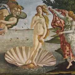 Botticellis Venus auf einer Muschel, umgeben von Göttern und einer Nymphe.
