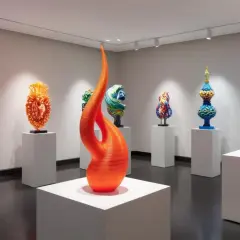 Bunte 3D-gedruckte Skulpturen in einer Galerieausstellung.