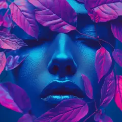 Gesicht einer Frau in Neonblau, umrahmt von lila Blättern. Ein Hauch von photoshop ki verleiht dem Bild eine surreale Tiefe.