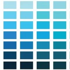 Reihen von blauen Quadraten, die verschiedene blautöne namen zeigen, von hell bis dunkel.