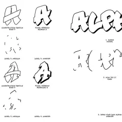 Graffiti-Buchstaben-Anleitung: Skizzen und Stile des Buchstabens A und des Wortes ALPHA.