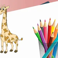 Eine gezeichnete Giraffe neben einem Glas mit bunten Buntstiften.