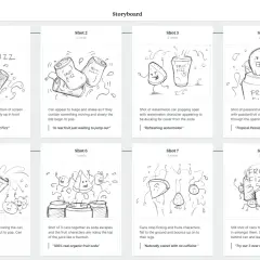 Storyboard mit acht Szenen, die die Entstehung von Fruchtgetränken und deren Charaktere zeigen.