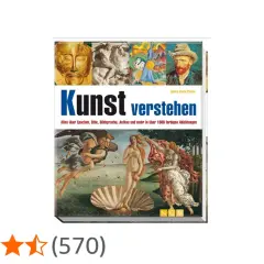 Buchcover "Kunst verstehen" mit einer Collage aus verschiedenen Kunstwerken, von antiken Skulpturen bis zu Van Gogh. Ein **abstraktes** Element bildet die obere Reihe.