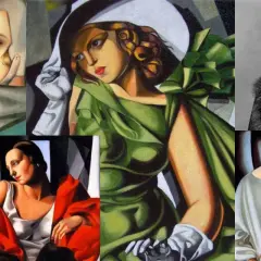 Collage mit Gemälden von Tamara de Lempicka, einer berühmten Künstlerin, die Frauen in eleganten, geometrischen Stilen porträtierte.