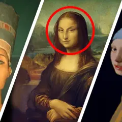 Drei berühmte Kunstwerke mit roten Kreisen, die auf Details hinweisen: Büste von Nofretete, Mona Lisa, Mädchen mit Perlenohrring.