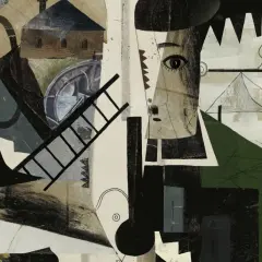 Ein avantgardistisches Porträt mit Fragmenten von Musikinstrumenten, einer Leiter und architektonischen Elementen.