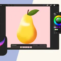Digitale Kunst mit einer Birne, die auf einem rosa Hintergrund gezeichnet wird. Eine Procreate Alternative mit Farbpalette und Stift.