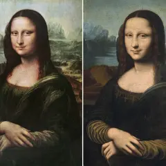 Zwei Mona Lisa-Gemälde nebeneinander, die Unterschiede in Farbe und **Mona Lisa Größe** zeigen.