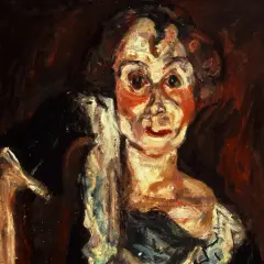 Ein Porträt mit expressivem Duktus Kunst, das eine Frau mit leuchtend roten Wangen und weit aufgerissenen Augen zeigt.