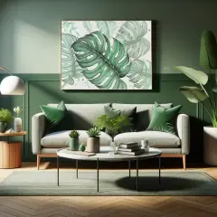 Grün dominiert dieses Wohnzimmer. Ein Gemälde mit Monstera-Blättern und Kissen in verschiedenen Grüntönen zeigen, welche Farbe passt zu grün: neutrale Töne wie Grau und Beige.