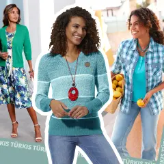 Drei Frauen präsentieren Outfits. Eine trägt ein türkisfarbenes Kleid mit grüner Strickjacke. Eine andere einen türkisfarbenen Pullover. Die dritte eine türkisfarbene Bluse.