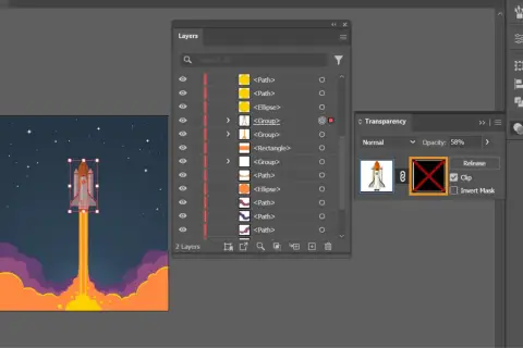 Illustrator: Rakete startet, Wolken steigen auf. Ein Masken-Symbol mit rotem Kreuz ist sichtbar, bereit, eine Maske zu erstellen.
