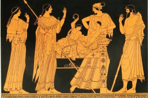 Szene aus der hellenistischen Kunst: Frauen und ein Mann um ein Kind auf einer Liege.