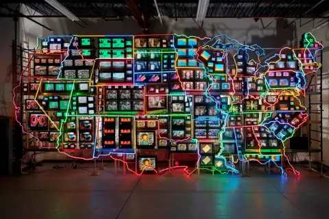 Eine Landkarte der USA aus vielen kleinen Bildschirmen, umrandet von bunten Neonlichtern. Ein Kunstwerk, das den **fluxus** der Informationen und Bilder widerspiegelt.
