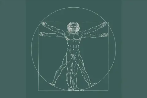 Vitruvianischer Mann, der den **goldenen Schnitt Körper** in einem Kreis und Quadrat darstellt.