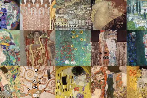 Gustav Klimts "Tod und Leben" Collage: Liebe, Geburt, Tod und Natur in seinen ikonischen Werken.