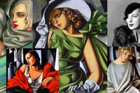 Collage mit Gemälden von Tamara de Lempicka, einer berühmten Künstlerin, die Frauen in eleganten, geometrischen Stilen porträtierte.